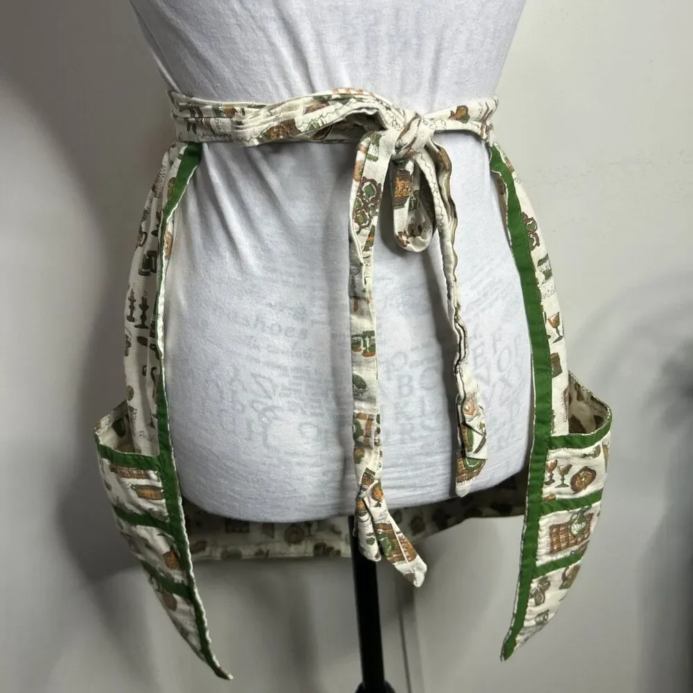 Vintage Retro Half Apron 1970's w/ Kitchen Theme Mushrooms Green Brown Handmade